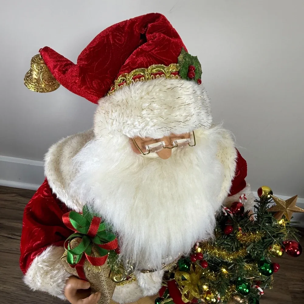 Karen Didion Santa Claus Figurine 33in Red Velvet Lighted Tree Bell Handcrafted